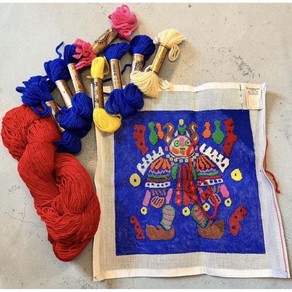 VTG Stitchworks UNFINISHED needlepoint Canvas Inka Folk Art Beautiful WORK 70s